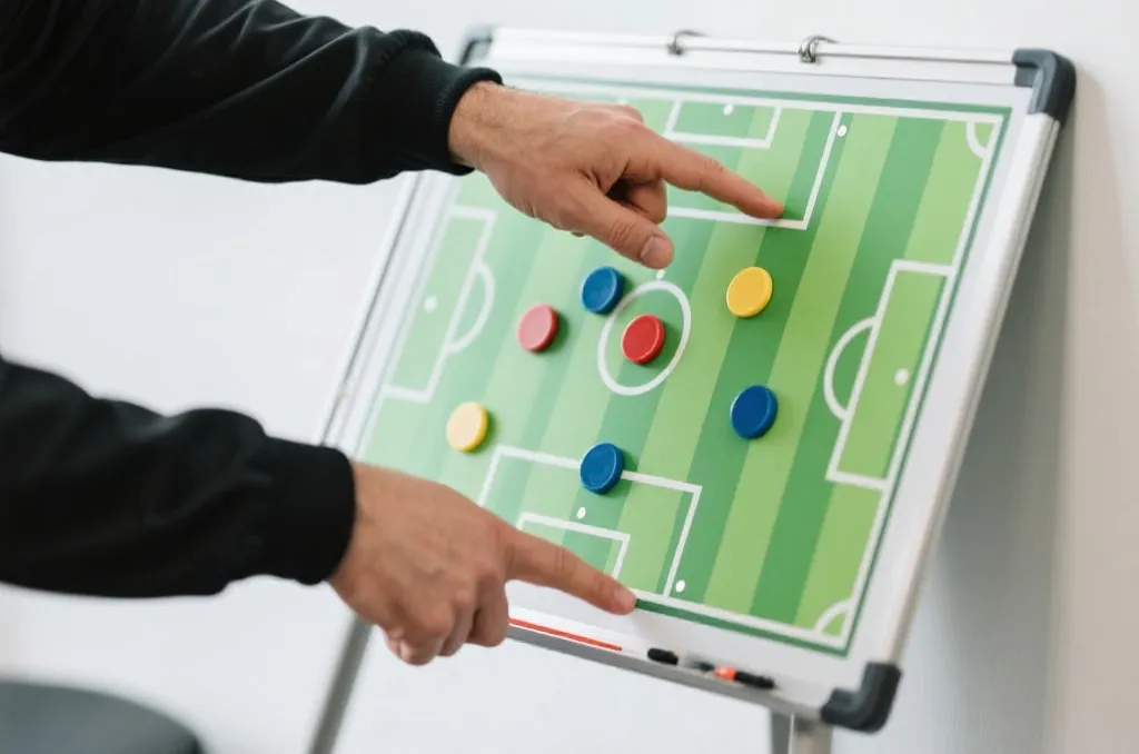 A generic football tactical whiteboard with strategy markers and a coach planning formations